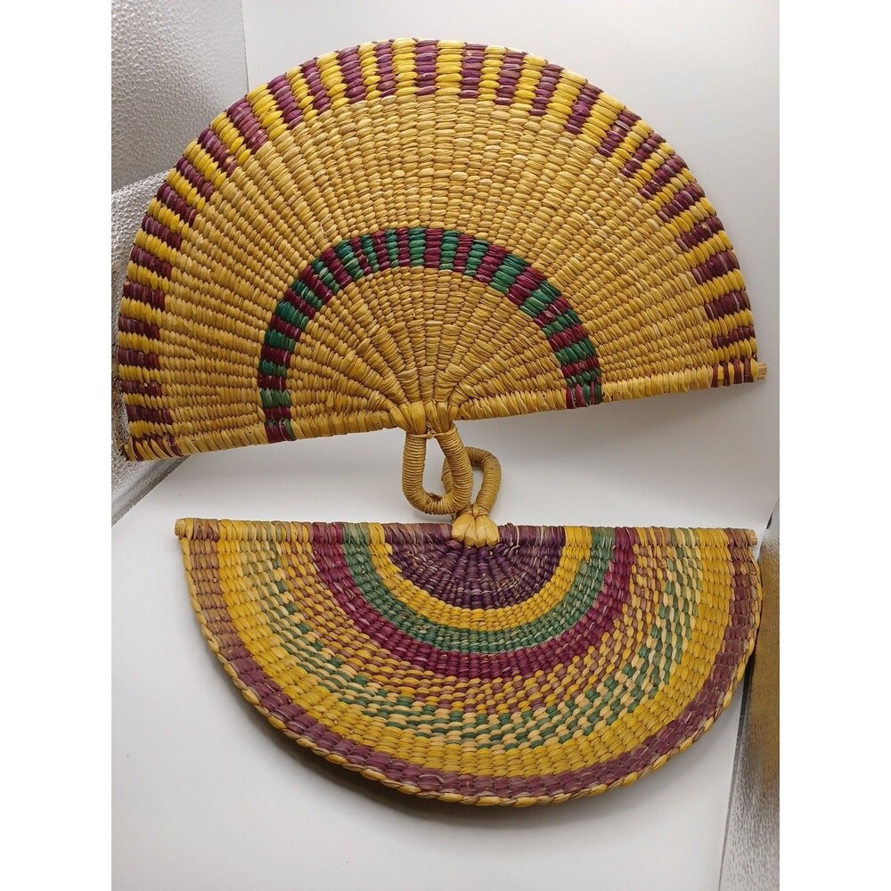 Woven Wicker Hand Fans Handmade Set of 2 Natural Straw Wicker Fan Boho Raffia - Picture 4 of 8